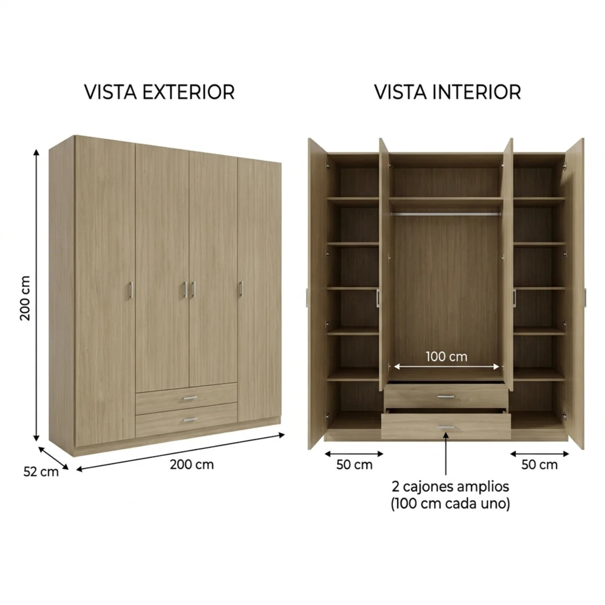 Armario madera 4 puertas 2 cajones